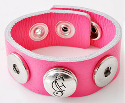 DoubleBeads EasyButton leren armband met metaal &plusmn; 22,5x2,5cm (roze)
